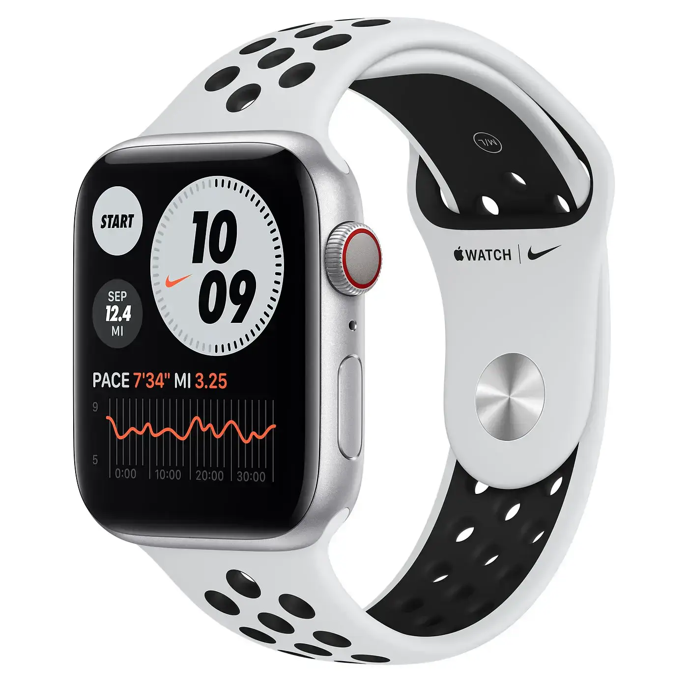 Apple Watch Series 6 Nike GPS + Cellular 44mm Silver Aluminum Case with Pure Platinum/Black Nike Sport Band (MG2G3, M09W3)